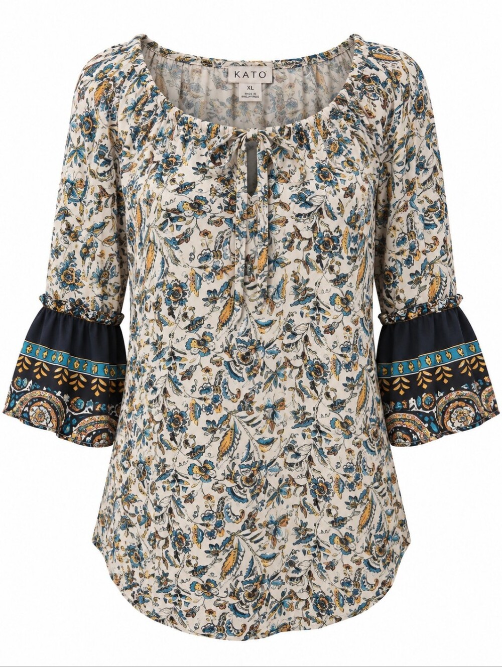 CATO | Mixed Print Floral Paisley Boho Peasant Bell Sleeve Tie Front Blouse | XL